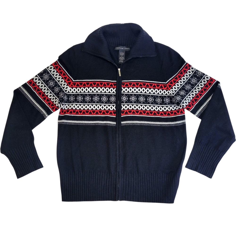 Josephine Chaus Large Cardigan Sweater Black Red Zip Up Long Sleeve Fair Isle